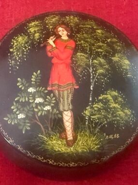 Hand-Painted Lacquer Trinket Box with Red Figurine